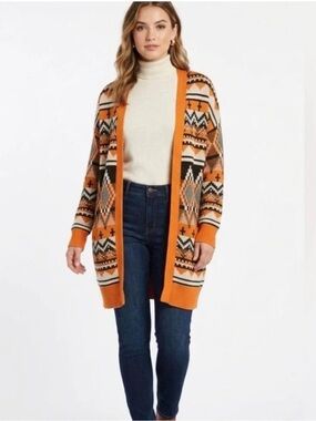 Serra Orange Aztec Open-Front Knit Cardigan